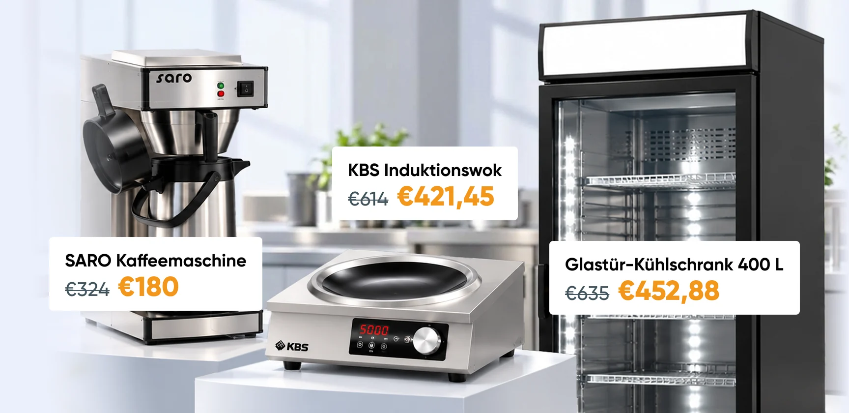 SARO Kaffeemaschine für 180 €, KBS Induktionswok für 421,45 € und Glastür-Kühlschrank 400 L für 452,88 €