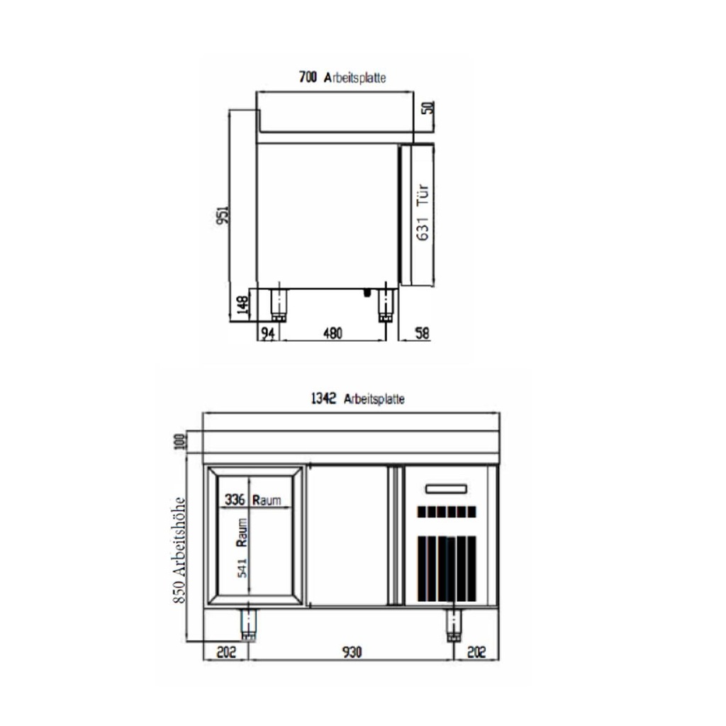 TOPLINE Kühltisch / 2-fach GN1/1 mit 4 Schubladen & Aufkantung, 1345 x 700 mm