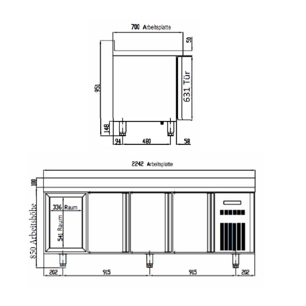 TOPLINE Kühltisch / 4-fach GN1/1 mit 6 Schubladen / 1 Tür & Aufkantung, 2245 x 700 mm