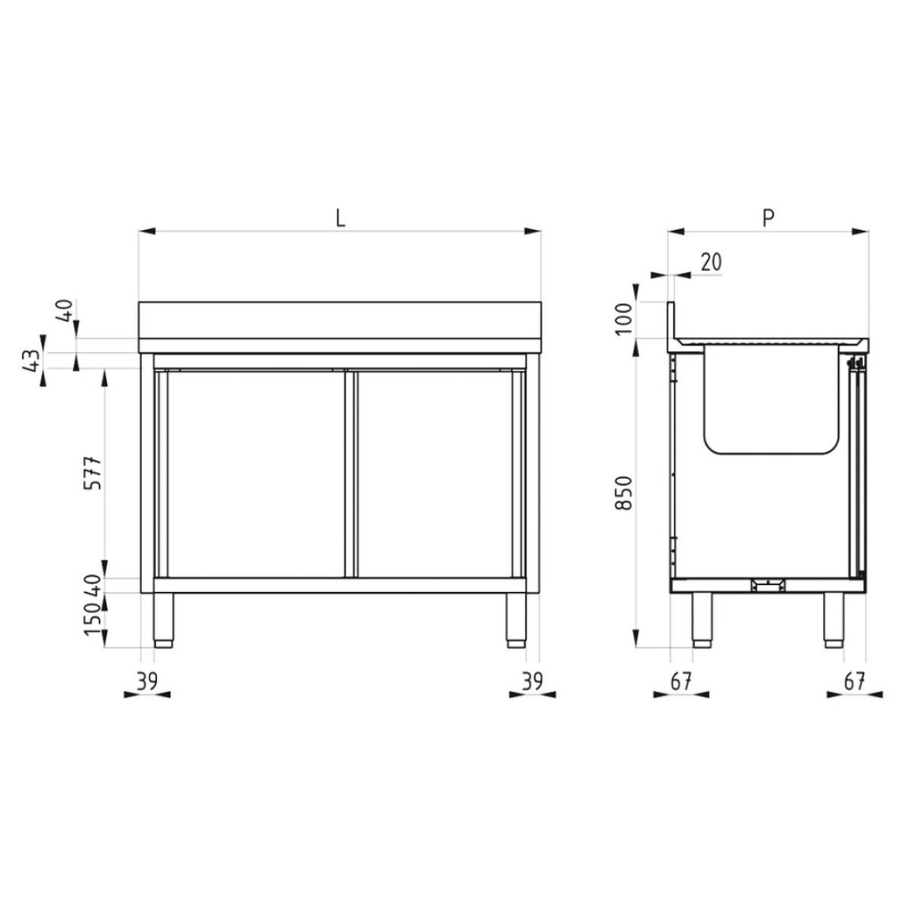 TOPLINE Spülschrank / 2 Becken rechts mit Schiebetüren, 1800 x 600 mm