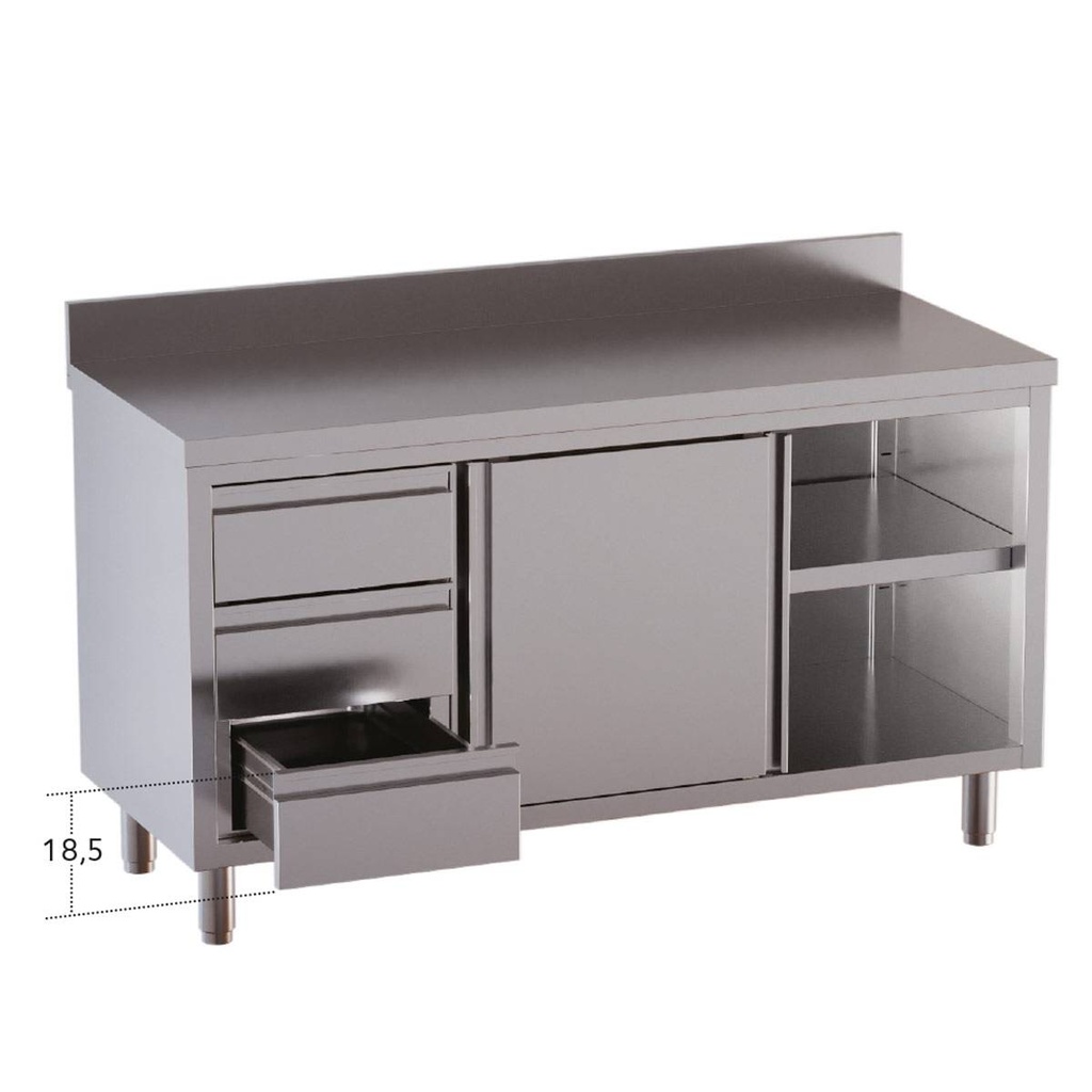TOPLINE Arbeitsschrank / Flügeltüren, 3 Schubladen links & Aufkantung, 1300 x 700 mm