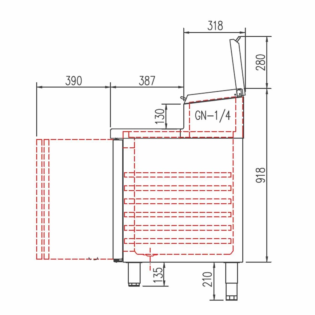 TOPLINE Belegstation / 4-fach mit Türen, Edelstahlaufsatz, GN 1/4, 2245 x 700 mm