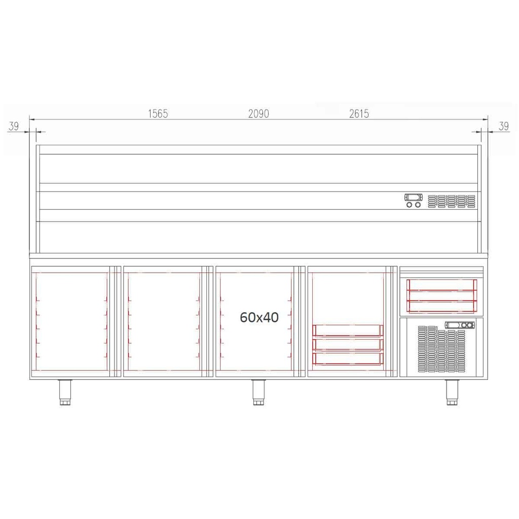 TOPLINE Pizzatisch / 4-fach mit Türen, EN 60x40, Schublade, Granitplatte grau, inkl. Kühlaufsatz, GN 1/4, 2615 x 800 mm