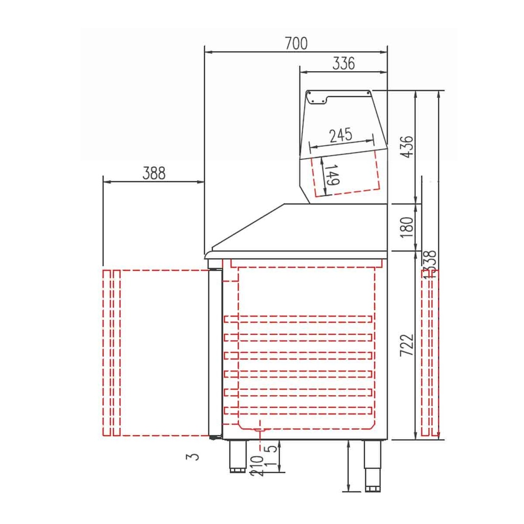 TOPLINE Pizzatisch / 4-fach mit 3 Türen, Schubladenblock, Granitplatte grau, inkl. Kühlaufsatz, GN 1/4, 2245 x 700 mm