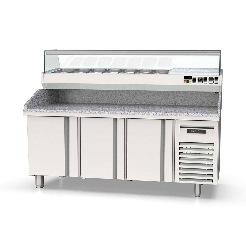 TOPLINE Pizzatisch / 3-fach mit Türen, Granitplatte grau, inkl. Kühlaufsatz, GN 1/4, 2020 x 600 mm