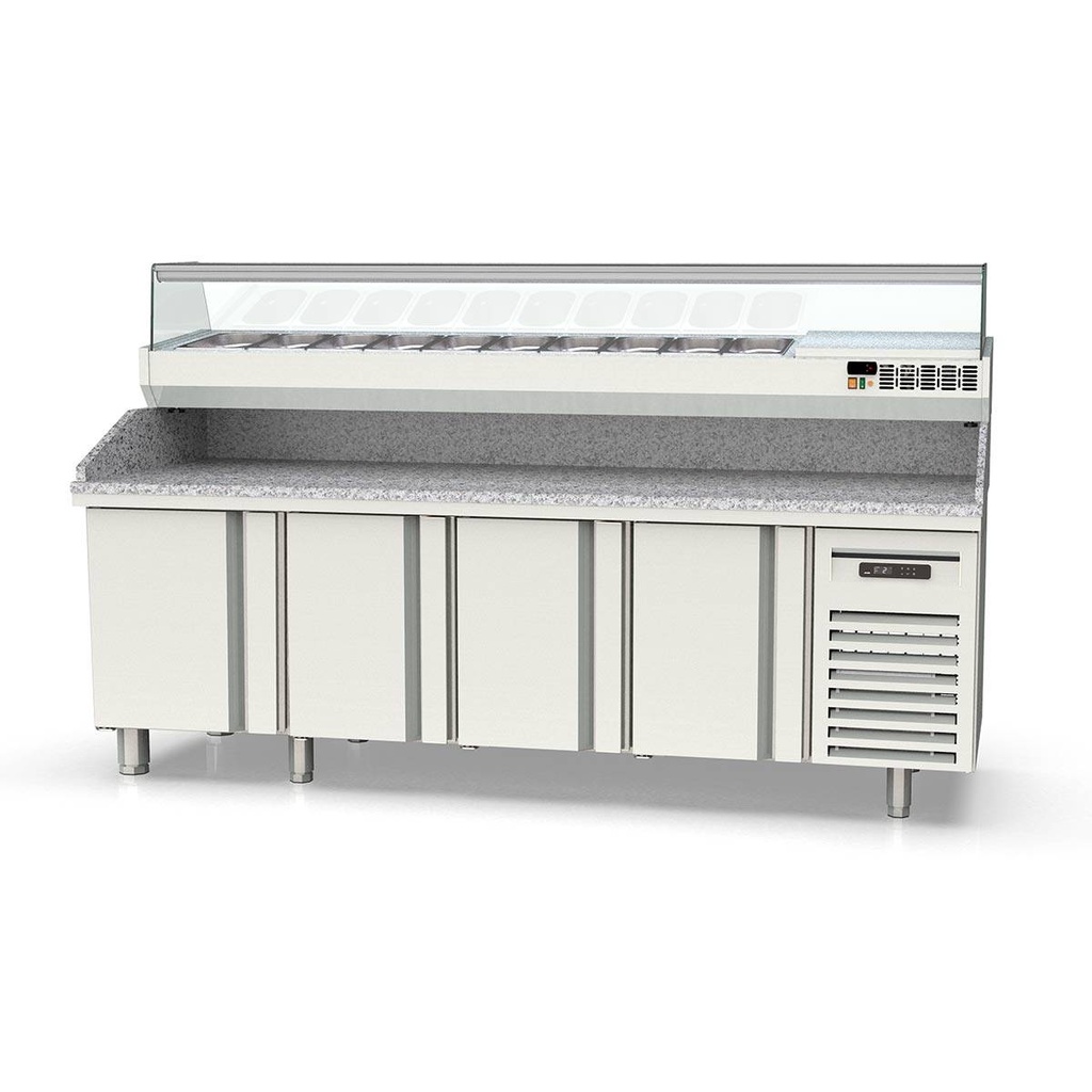 TOPLINE Pizzatisch / 4-fach mit Türen, EN 60x40, Granitplatte grau, inkl. Kühlaufsatz, GN 1/4, 2545 x 800 mm