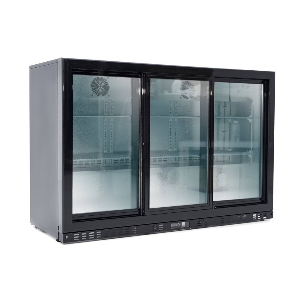 Barkühlschrank schwarz / 3 Glasschiebetüren, Höhe 840 mm, 1350 x 520 mm