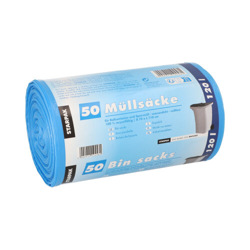 50 Müllsäcke, HDPE 120 L 110 cm x 70 cm blau