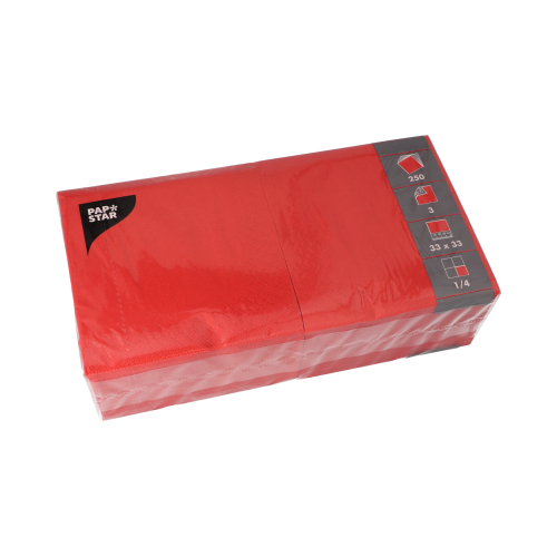 250 Servietten, 3-lagig 1/4-Falz 33 cm x 33 cm rot
