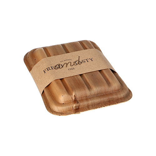 10 Trays, Palmblatt "pure" eckig 300 ml 5,5 cm x 13,5 cm x 17,5 cm mit Deckel und Banderole