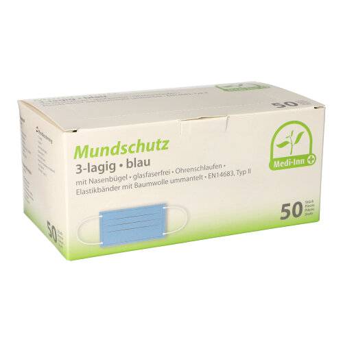 50 "Medi-Inn" Mundschutz Type II 3-lagig 9 cm x 17,5 cm blau mit Nasenbügel
