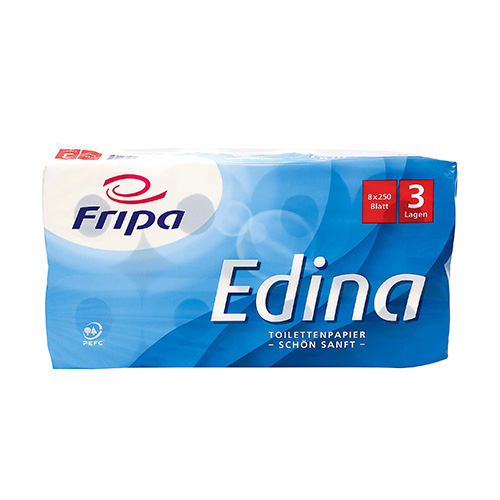 8 Rollen Toilettenpapier, 3-lagiges Tissue Ø 12 cm · 11 cm x 9,5 cm hochweiss "Edina" 250 Blatt