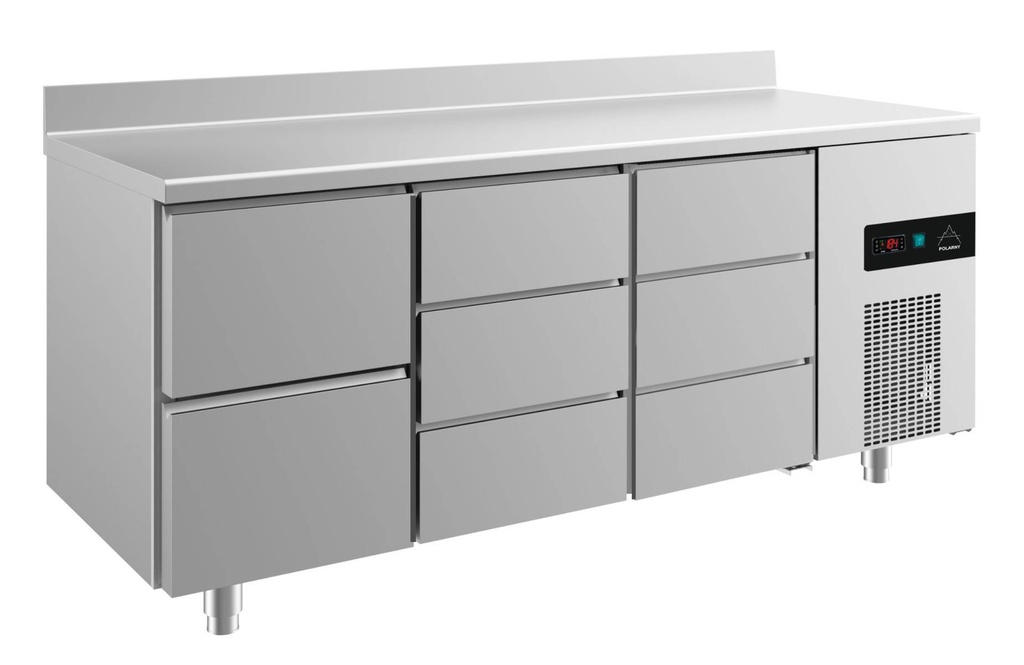 Kühltisch -2 bis +8°C 1865x700x850mm mit 1x zwei Schubladen und 2x drei Schubladen u. Aufkantung