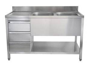 Spültisch mit Schubladenblock, 2 Becken rechts, Bautiefe 600 mm | 200x600x850 mm