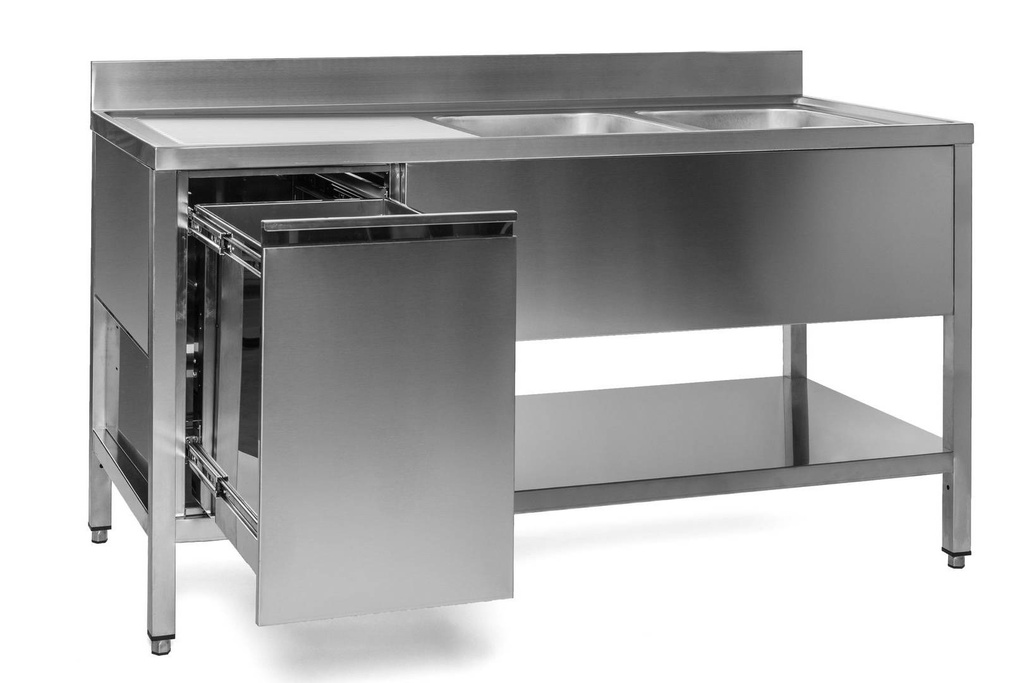 Spültisch mit Abfallbehälter, 2 Becken rechts, Bautiefe 600 mm | 140x600x850 mm