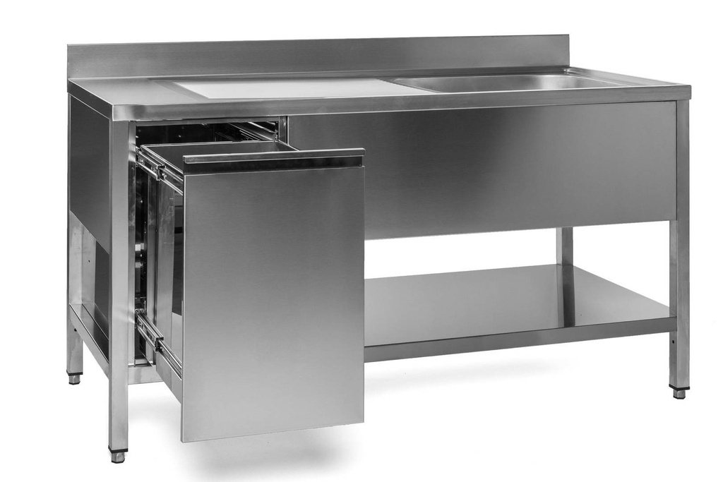 Spültisch mit Abfallbehälter, 1 Becken rechts, Bautiefe 600 mm | 160x600x850 mm