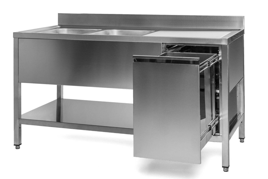 Spültisch mit Abfallbehälter, 2 Becken links, Bautiefe 600 mm | 180x600x850 mm