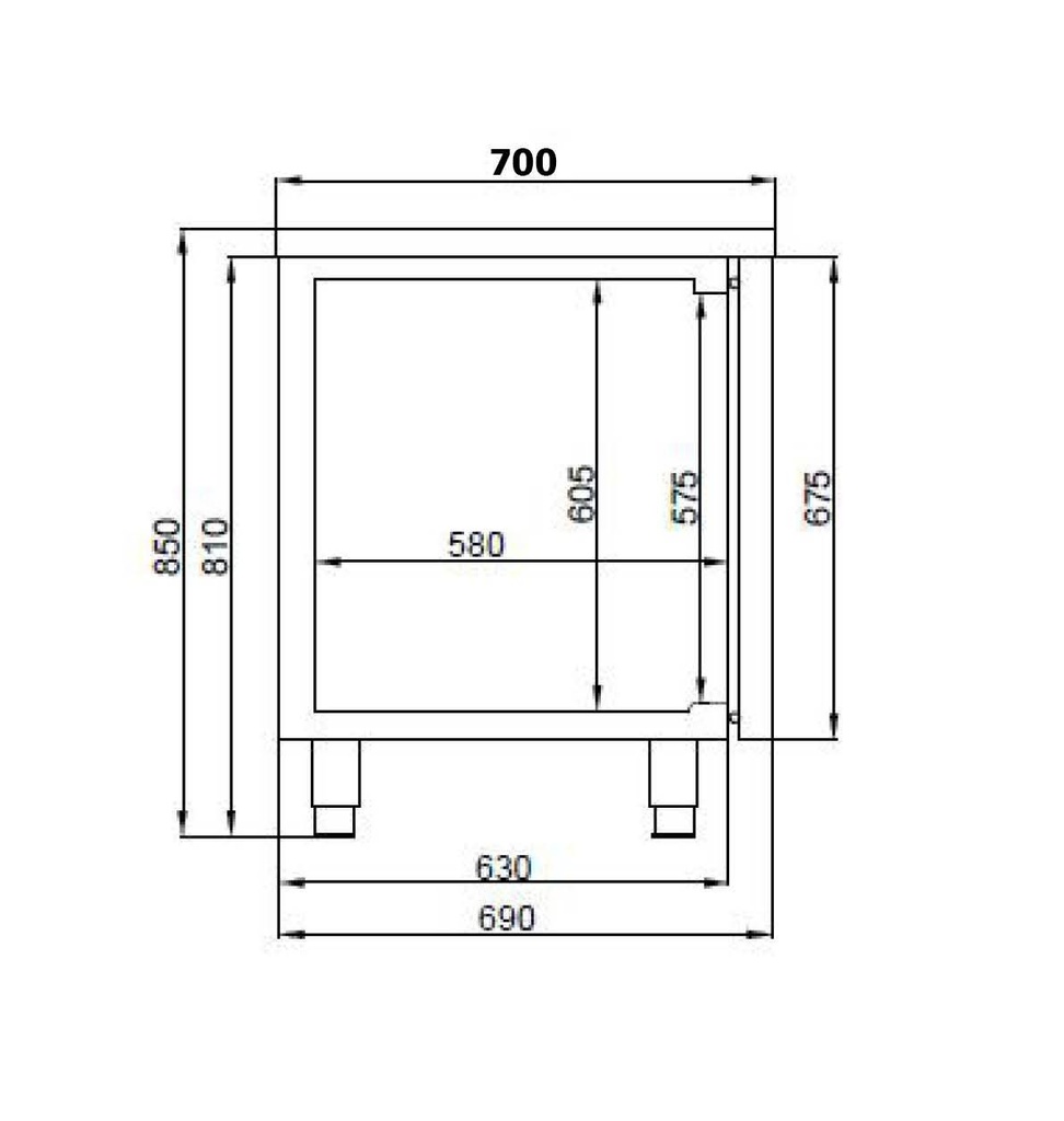 700 Kühltisch 2 Türen aus Edelstahl, 1125 x 700 x 850 mm