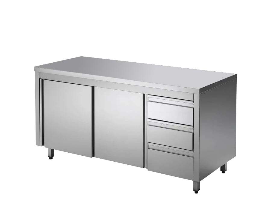 Edelstahl-Arbeitsschrank ECO mit Flügeltür und 3 Schubladen 12x6