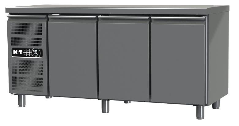 K+T Kühltisch EN 600 x 400, Korpushöhe 700 mm, abgekantete Arbeitsplatte, 3 Abteile, steckerfertig