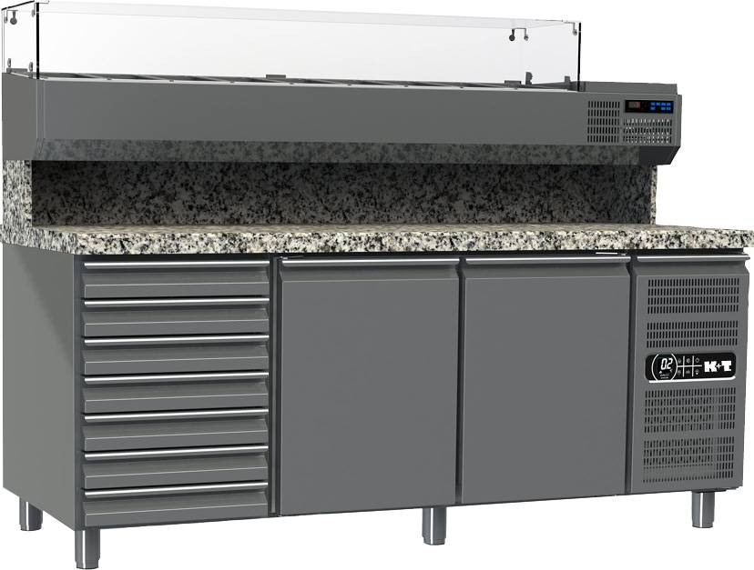 K+T Pizzakühltisch EN 600 x 400, Korpushöhe 700,abgekantete Granitarbeitsplatte,3 Abteile,Zentralkühlung