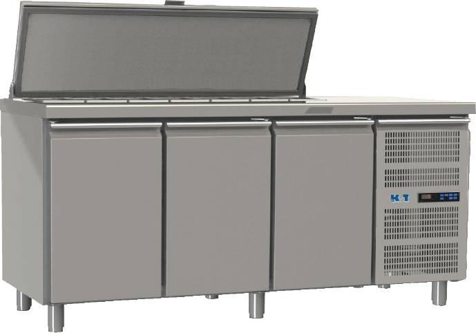 K+T Saladette GN 1/1, Korpushöhe 650 mm, abgekantete Arbeitsplatte, 3 Abteile, steckerfertig