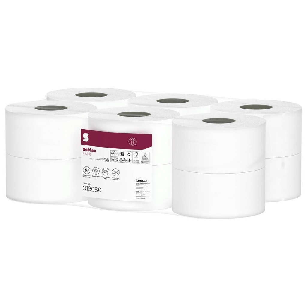 Toilettenpapier Großrolle 2-lagig, "Satino HiLine JT CF 180m 2p FC", 720 Blatt/Rolle, weiß | 12 Rollen/Sack