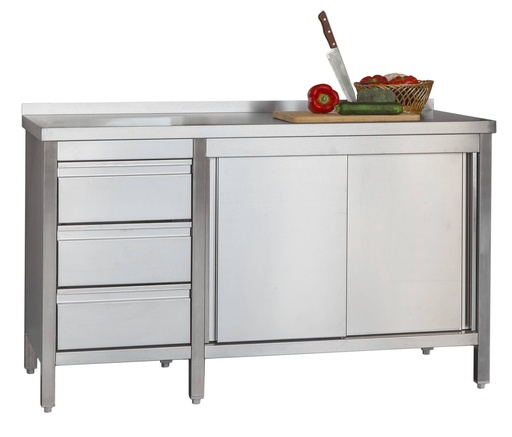 Edelstahl Arbeitsschrank Profi mit Schiebetüren- Aufkantung und 3 Schubladen 1800 x 600 x 850 mm