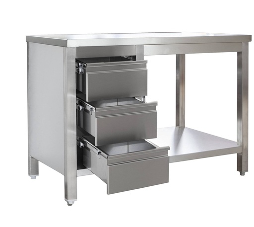 Edelstahl Arbeitstisch mit Schubladenblock links verschweißt | Bautiefe 800mm | mit Grundboden | AISI 304