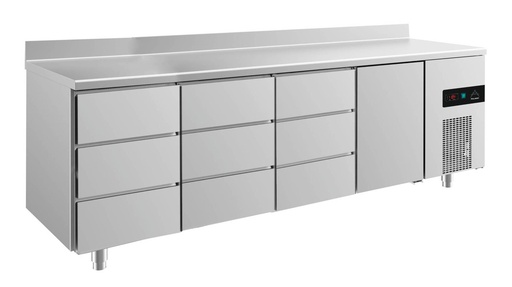 Kühltisch -2 bis +8°C 2330x700x850mm mit 1x Tür und 3x drei Schubladen u. Aufkantung