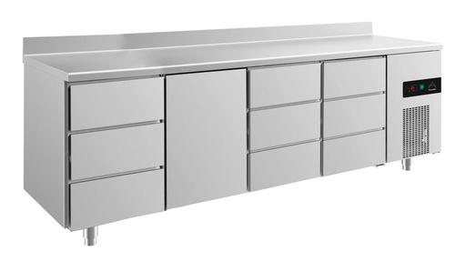 Kühltisch -2 bis +8°C 2330x700x850mm mit 1x Tür und 3x drei Schubladen u. Aufkantung