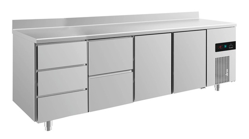 Kühltisch -2 bis +8°C 2330x700x850mm mit 2x Türen, 1x zwei Schubladen und 1x 3 Schubladen u. Aufkantung