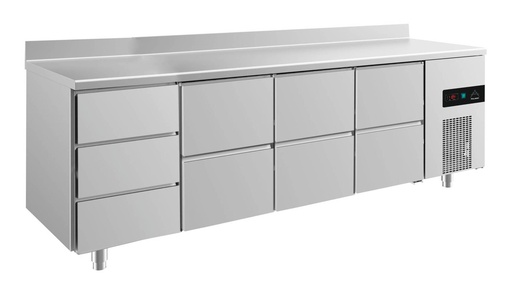 Kühltisch -2 bis +8°C 2330x700x850mm mit 3x zwei Schubladen und 1x drei Schubladen u. Aufkantung