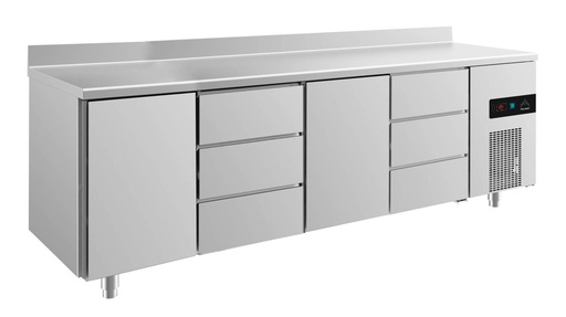Kühltisch -2 bis +8°C 2330x700x850mm mit 2x Türen und 2x drei Schubladen u. Aufkantung