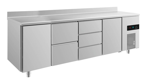 Kühltisch -2 bis +8°C 2330x700x850mm mit 2x Türen, 1x zwei Schubladen und 1x 3 Schubladen u. Aufkantung