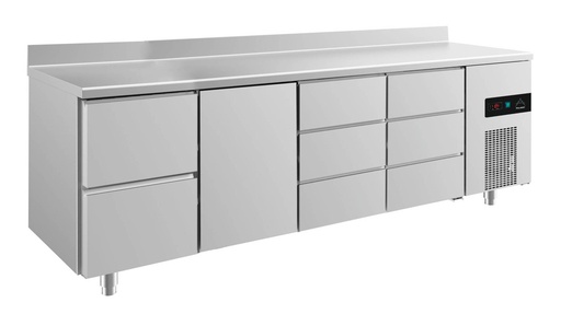Kühltisch -2 bis +8°C 2330x700x850mm mit 1x Tür, 1x zwei Schubladen und 2x 3 Schubladen u. Aufkantung