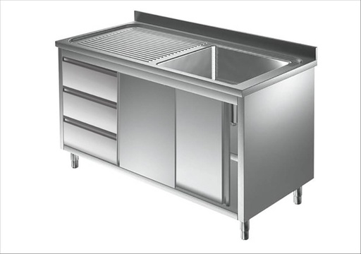 Spülschrank mit Schubladenblock, 1 Becken rechts, Bautiefe 600 mm | 120x600x850 mm