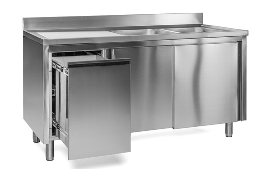 Spülschrank mit Abfallbehälter, 2 Becken rechts, Bautiefe 700 mm | 140x700x850 mm