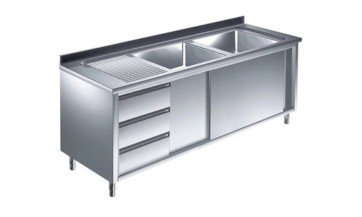 Spülschrank mit Schubladenblock, 2 Becken rechts, Bautiefe 700 mm | 150x700x850 mm