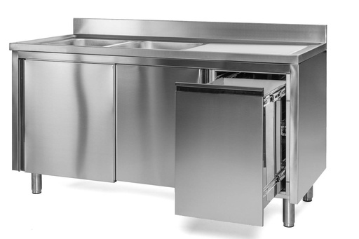 Spülschrank mit Abfallbehälter, 2 Becken links, Bautiefe 600 mm | 200x600x850 mm