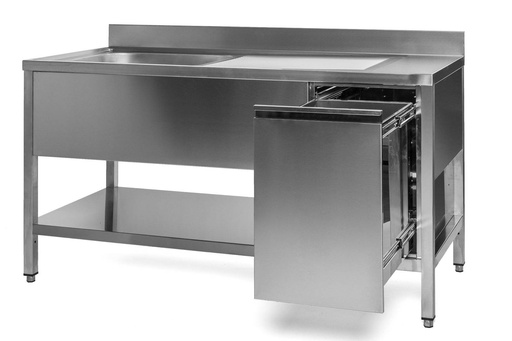 Spültisch mit Abfallbehälter, 1 Becken links, Bautiefe 600 mm | 100x600x850 mm