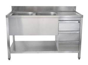 Spültisch mit Schubladenblock, 2 Becken links, Bautiefe 600 mm | 150x600x850 mm