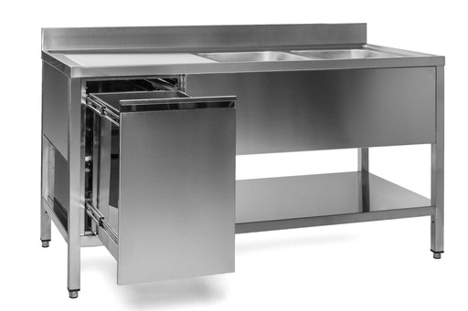 Spültisch mit Abfallbehälter, 2 Becken rechts, Bautiefe 600 mm | 150x600x850 mm