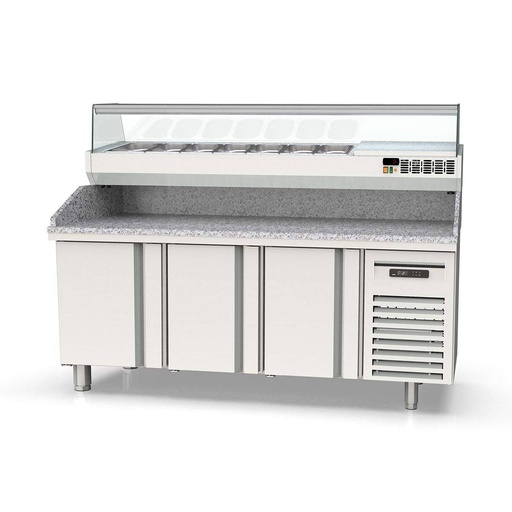 TOPLINE Pizzatisch / 3-fach mit Türen, Granitplatte grau, inkl. Kühlaufsatz, GN 1/4, 2020 x 600 mm
