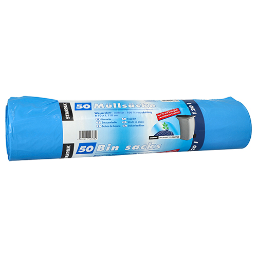 50 Müllsäcke, HDPE 120 L 110 cm x 70 cm blau mit biologisch verrottbaren Zusätzen