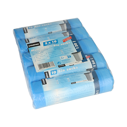 50 Müllsäcke mit Zugband, HDPE 120 L 100 cm x 70 cm blau