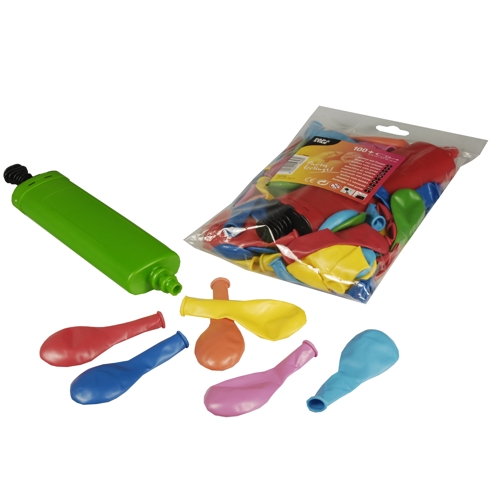100 Luftballons mit Pumpe Ø 22 cm farbig sortiert