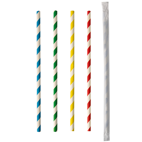 100 Trinkhalme, Papier Ø 6 mm · 20 cm farbig sortiert "Stripes" einzeln gehüllt