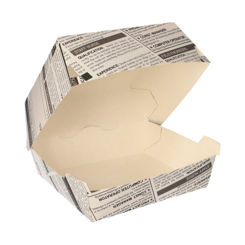 50 Burgerboxen, Pappe 7,8 cm x 11 cm x 11,5 cm "Newsprint" groß