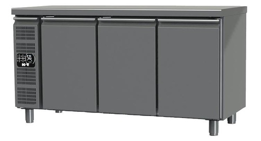 K+T Kühltisch GN 1/1, Korpushöhe 650 mm, abgekantete Arbeitsplatte, 3 Abteile, Zentralkühlung